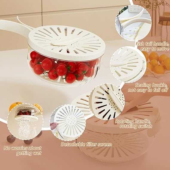 2 in 1 Drainer and Strainer, Draining Basket with Lid - Multifunctional Fruit Vegetable Washing Basket - Drainer with Foldable Handle