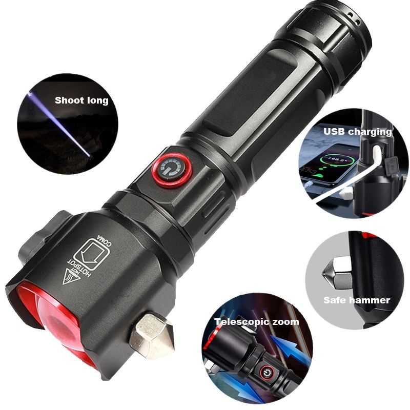 Versatile High Power Led Flashlight Focus Light Power Bank and Window Hammer